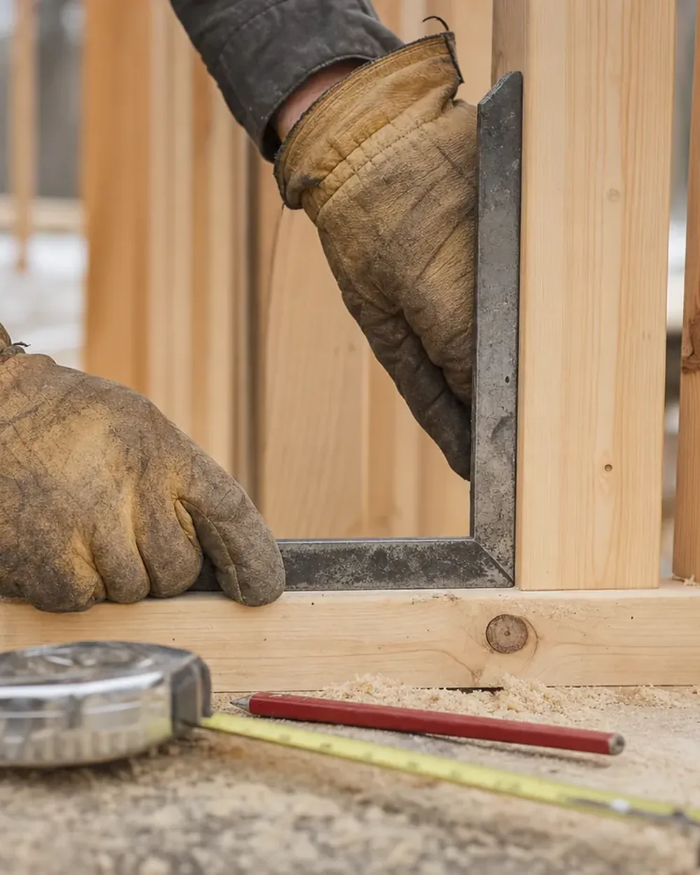 Gloved hands checking a framing square against new stud framing, with a tape measure and pencil resting on the plate